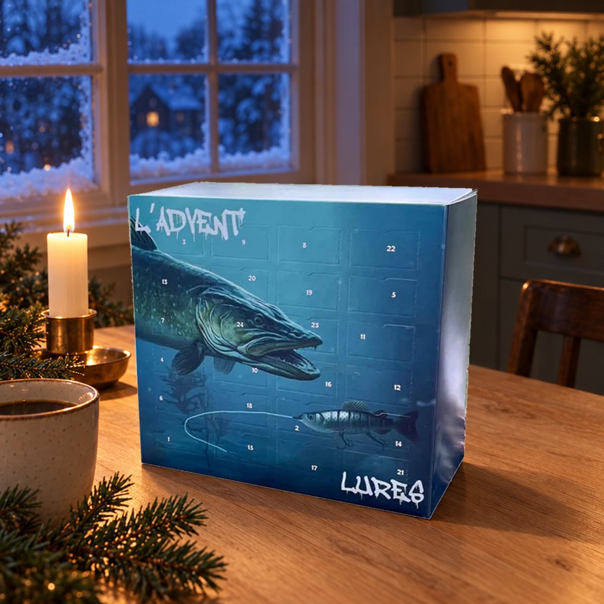 Fiske-julekalenderen på et kjøkkenbord en desembermorgen, med kaffekopp, tent lys og granbar