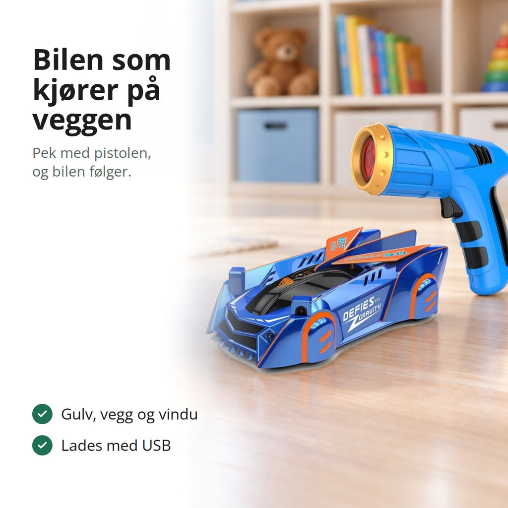 Blå fjernstyrt bil og lyspistol på et tregulv i et lyst barnerom