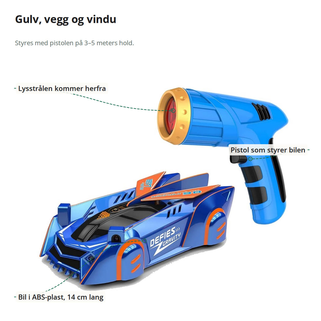 Fjernstyrt bil og pistol merket: lysstrålen, pistolen som styrer bilen, og bilen i ABS-plast