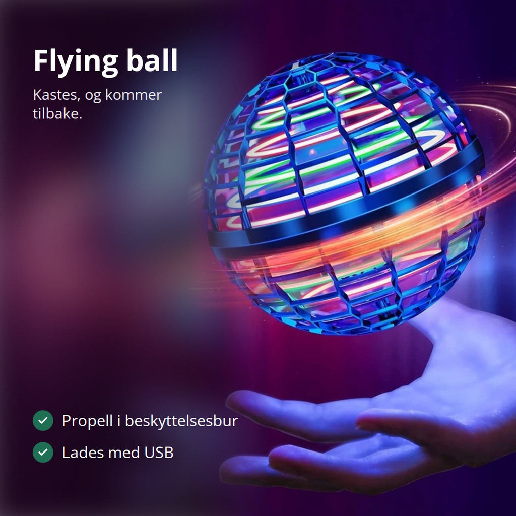 Blå flyvende LED-ball som svever over en åpen hånd