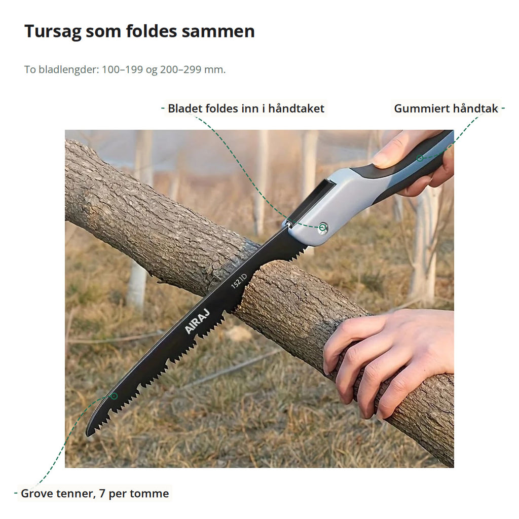 Tursag merket med grove tenner, bladet som foldes inn i håndtaket og det gummierte håndtaket