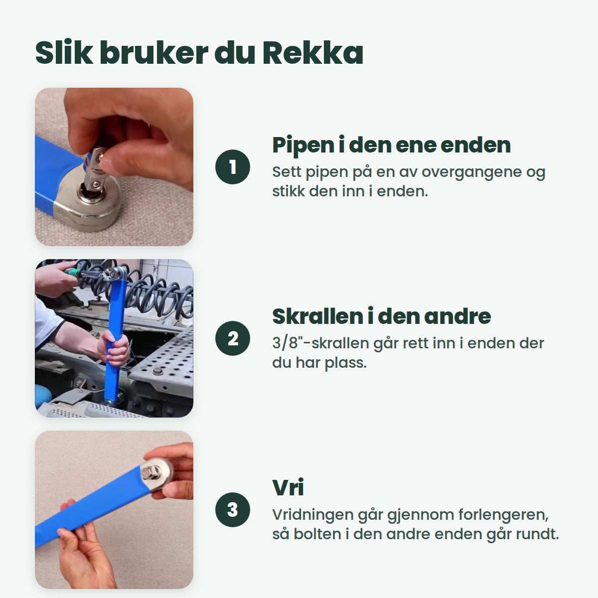 Slik bruker du Rekka: pipen i den ene enden, skrallen i den andre, og vri