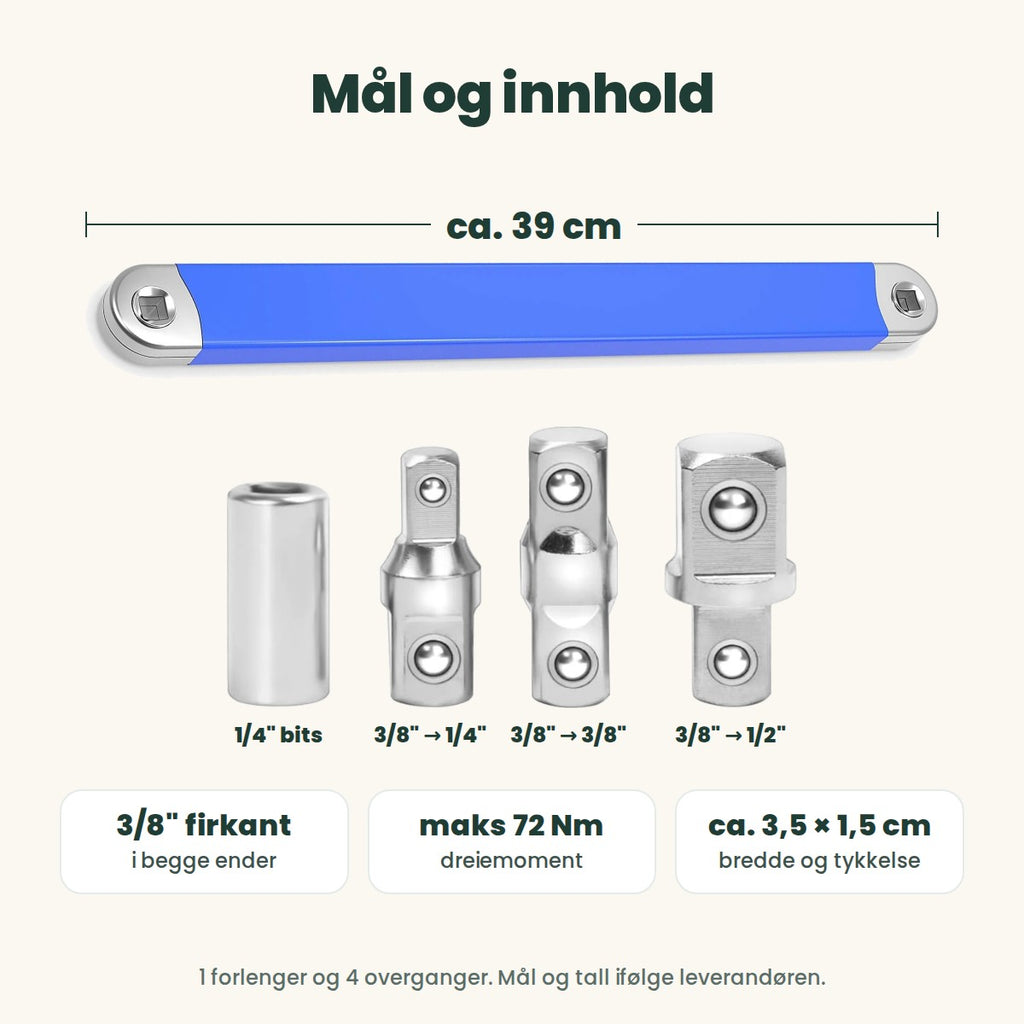 Mål og innhold: ca. 39 cm lang, 3/8 tommer i begge ender og 4 overganger, ifølge leverandøren