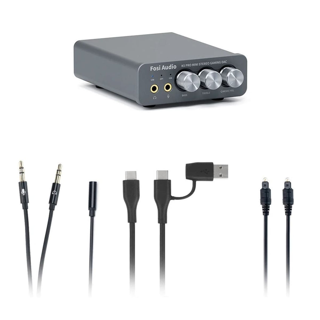 Det som følger med: K5 Pro, splitter for hodetelefon og mikrofon, 2-i-1 USB-kabel og optisk kabel på hvit bakgrunn