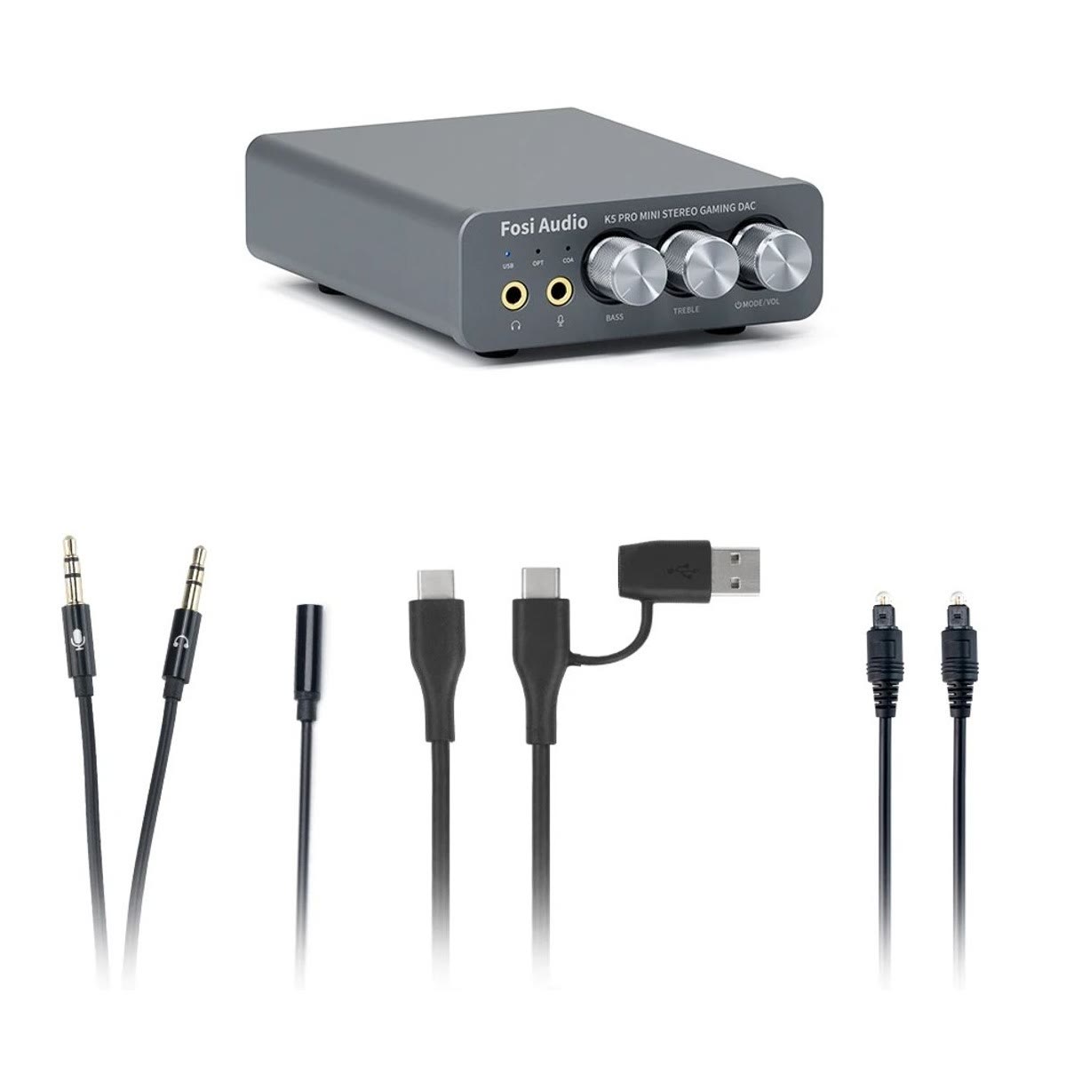 Det som følger med: K5 Pro, splitter for hodetelefon og mikrofon, 2-i-1 USB-kabel og optisk kabel på hvit bakgrunn