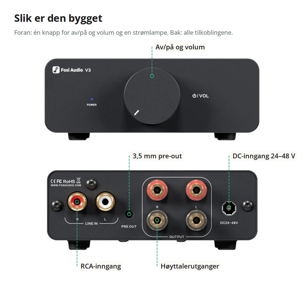 V3 sett forfra og bakfra, merket med knapp for av/på og volum, RCA-inngang, 3,5 mm pre-out, høyttalerutganger og DC-inngang