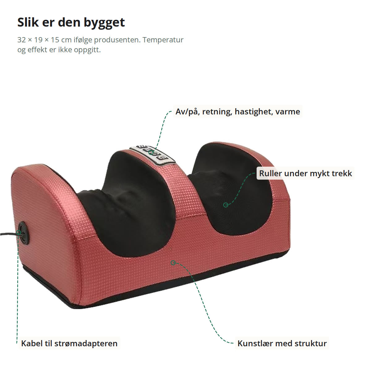 Fotmassasjemaskinen i rødt merket med knapper for av/på, retning, hastighet og varme, ruller under mykt trekk, kabel til strømadapteren og kunstlær med struktur