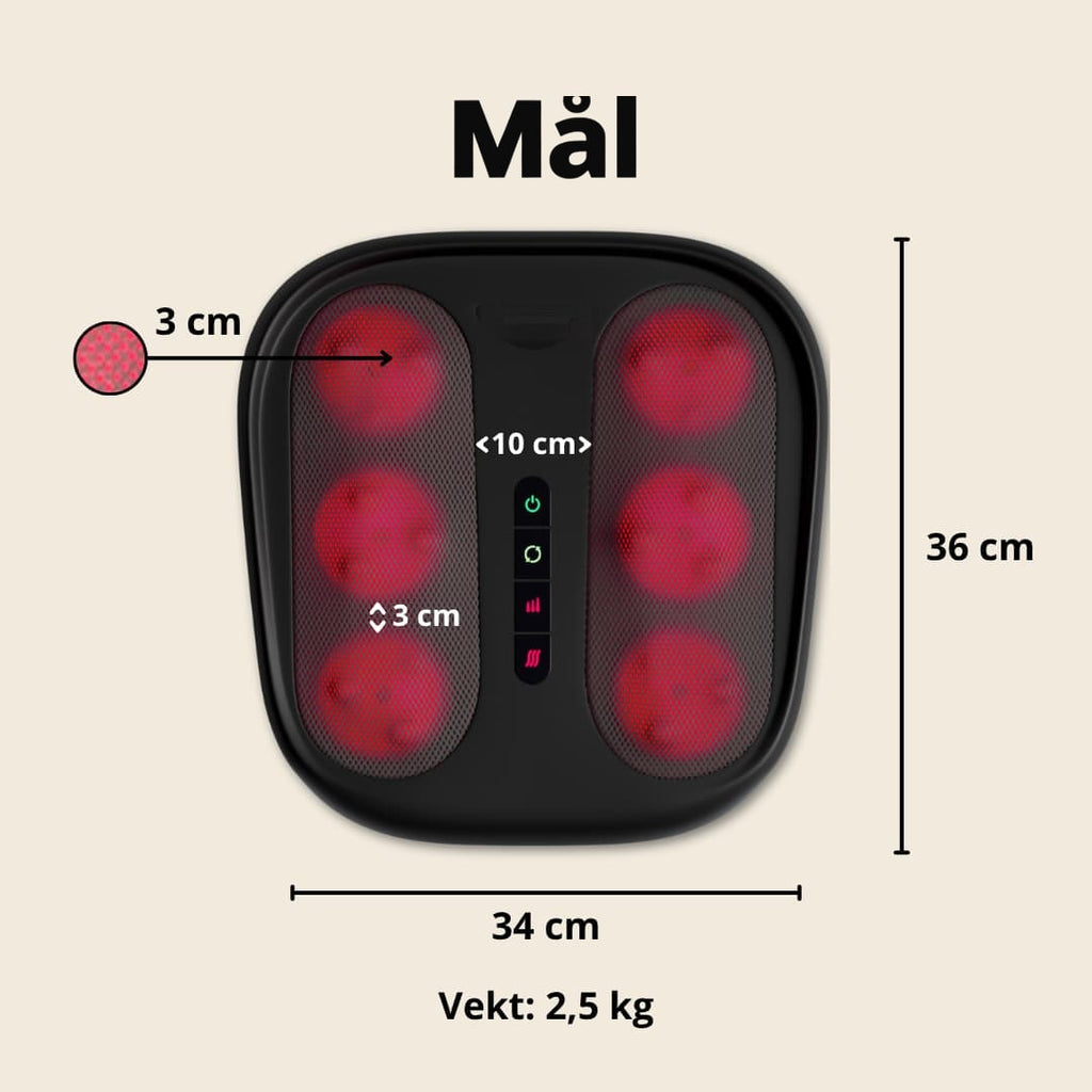 Mål: ca. 36 × 34 cm, massasjehoder på ca. 3 cm, vekt ca. 2,5 kg