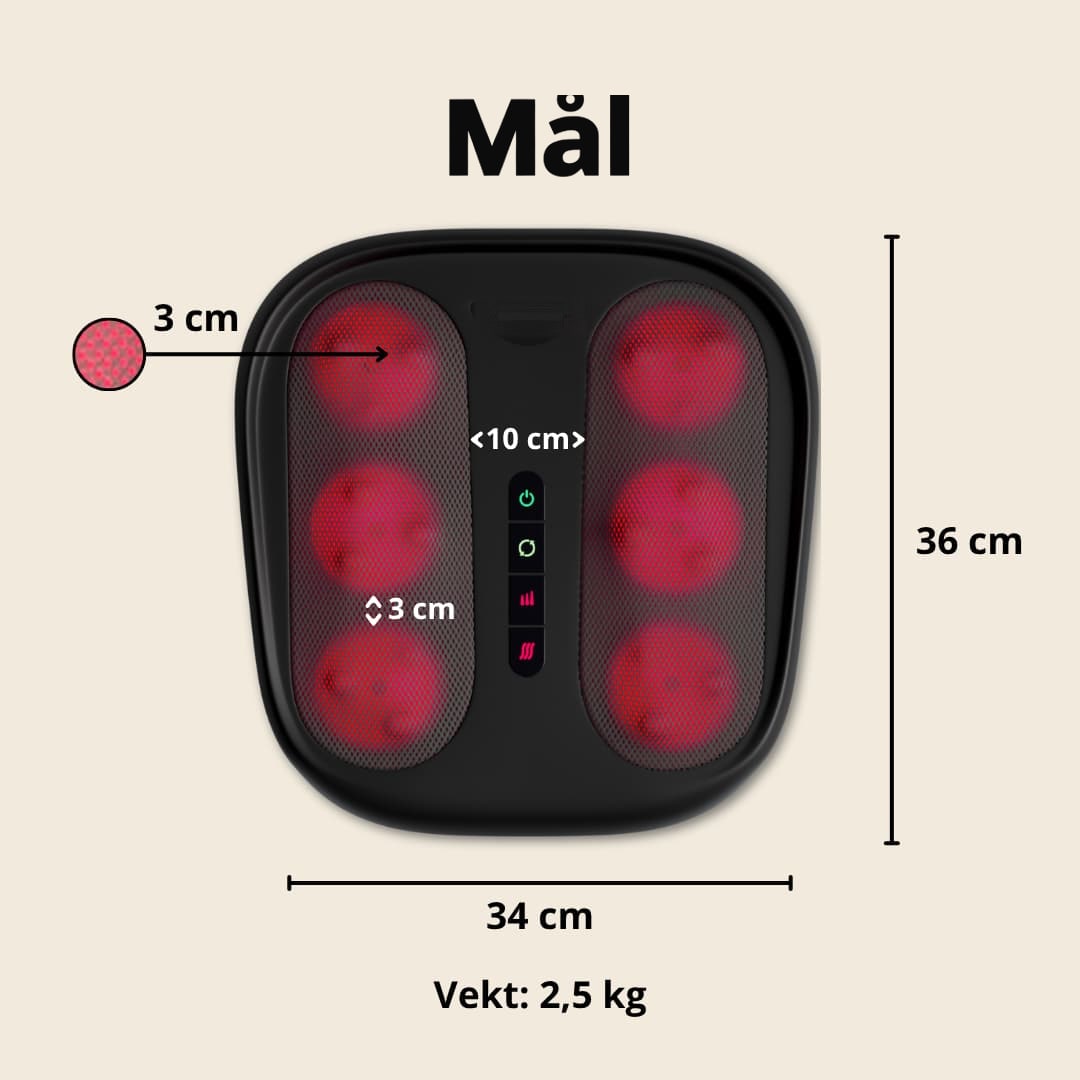 Mål: ca. 36 × 34 cm, massasjehoder på ca. 3 cm, vekt ca. 2,5 kg