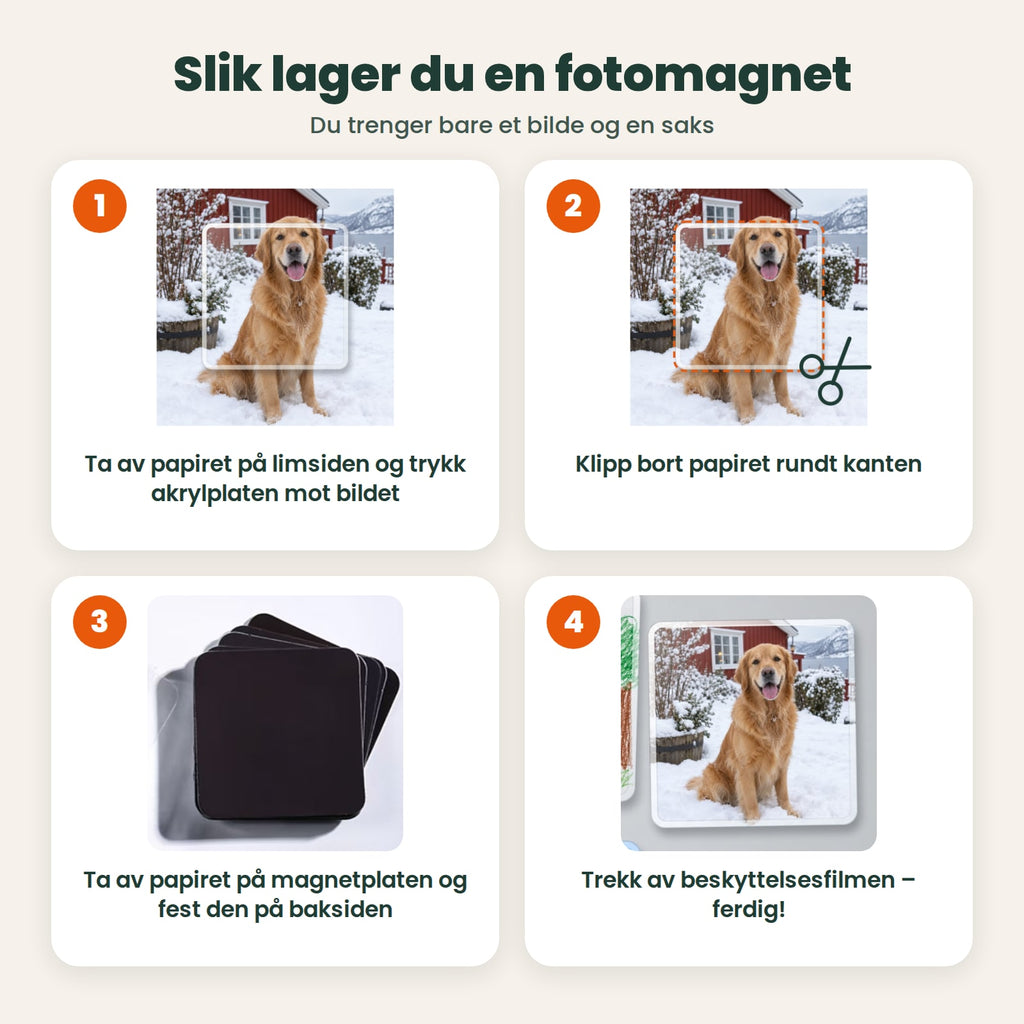 Slik lager du en fotomagnet: trykk akrylplaten mot bildet, klipp rundt, fest magnetplaten og trekk av filmen