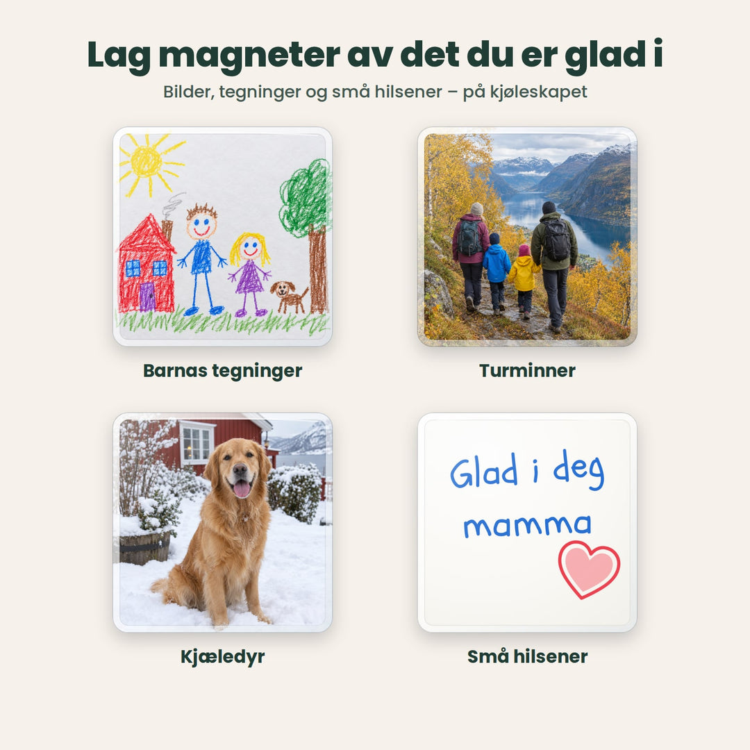 Fire ferdige fotomagneter: en barnetegning, en familietur, en hund i snøen og en hilsen til mamma