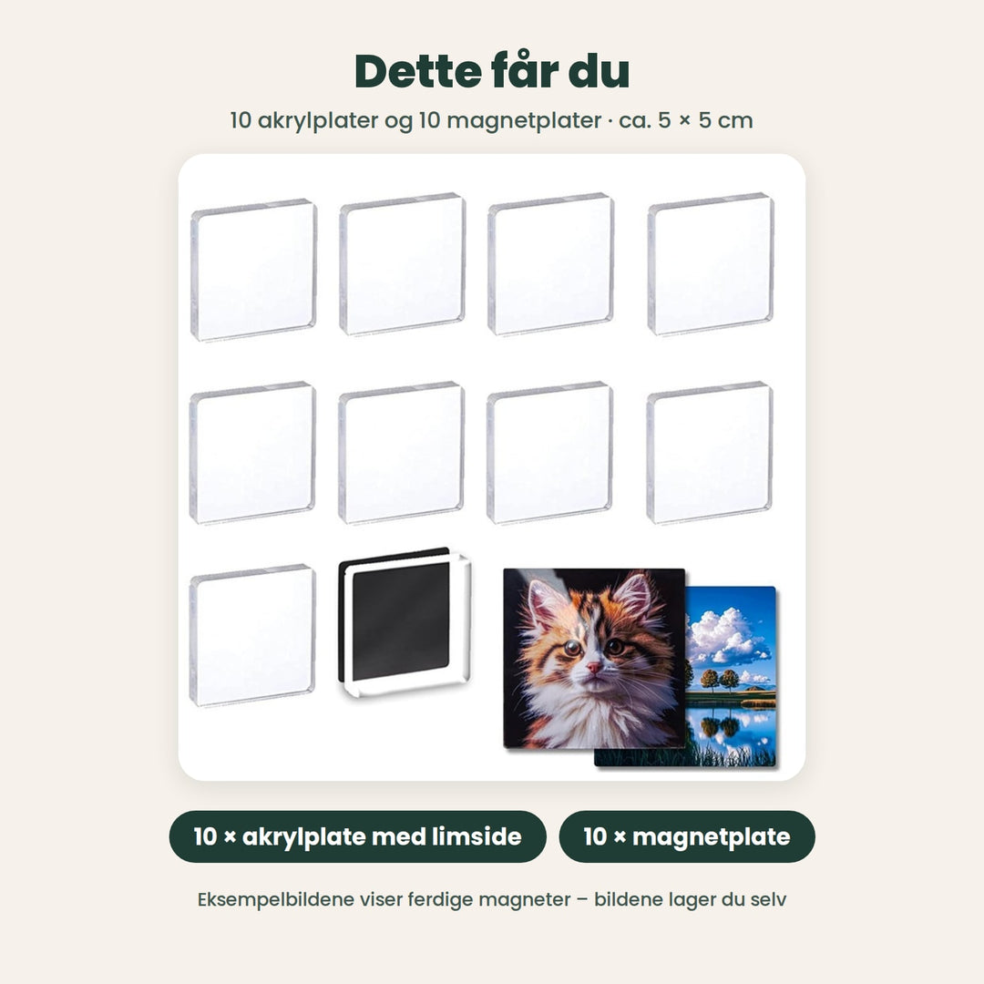 Dette får du: 10 klare akrylplater og 10 svarte magnetplater