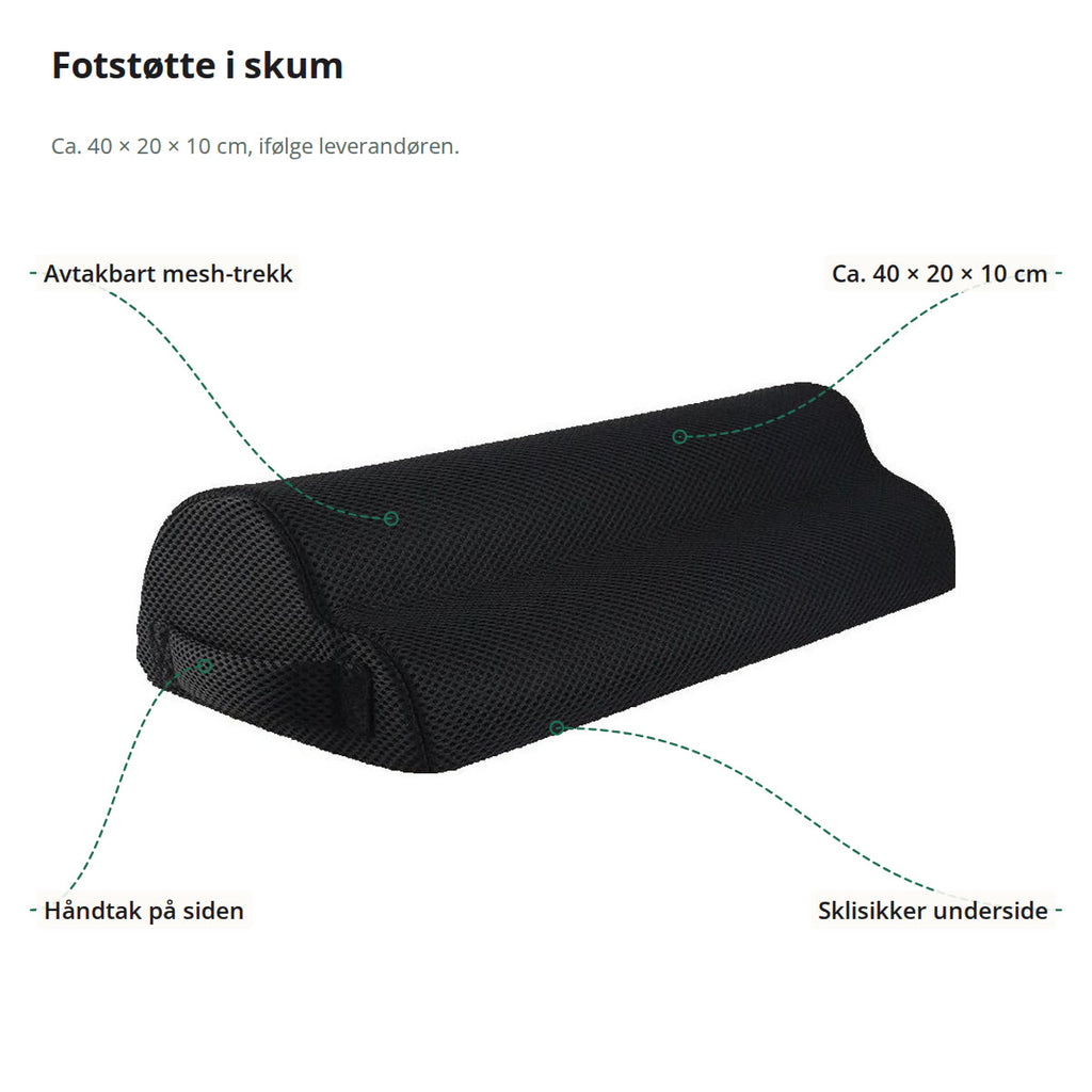 Svart fotstøtte i skum merket med mesh-trekk, mål, håndtak på siden og sklisikker underside