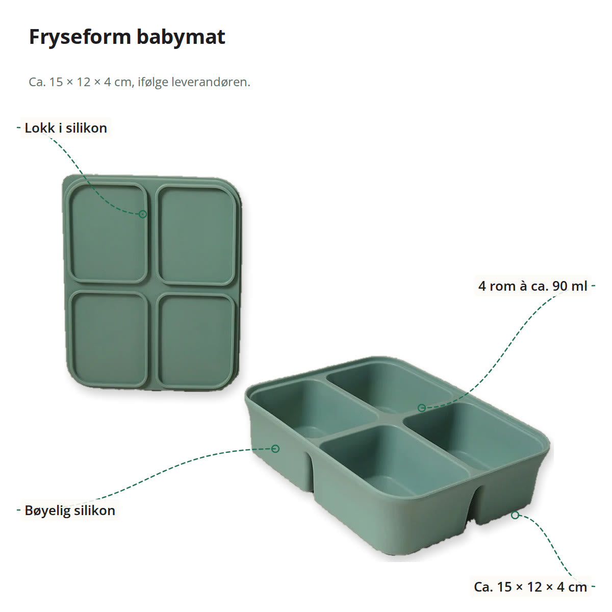 Fryseform til babymat merket med lokk i silikon, fire rom à ca. 90 ml, bøyelig silikon og mål