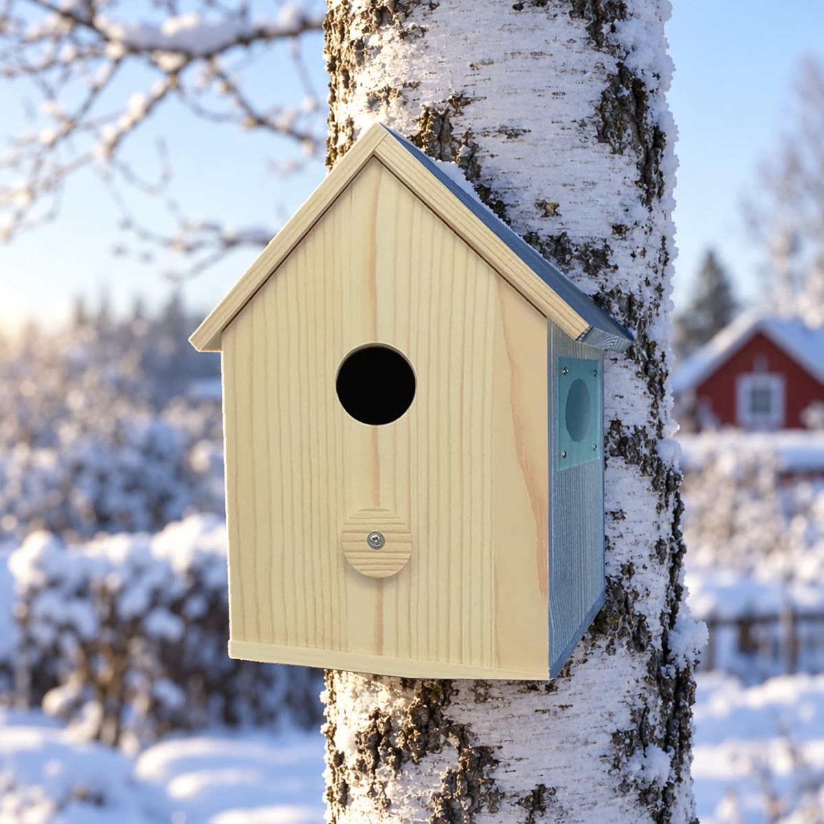 Fuglekassen på en bjørkestamme om vinteren, sett forfra med inngangshullet og sideveggen med vindu