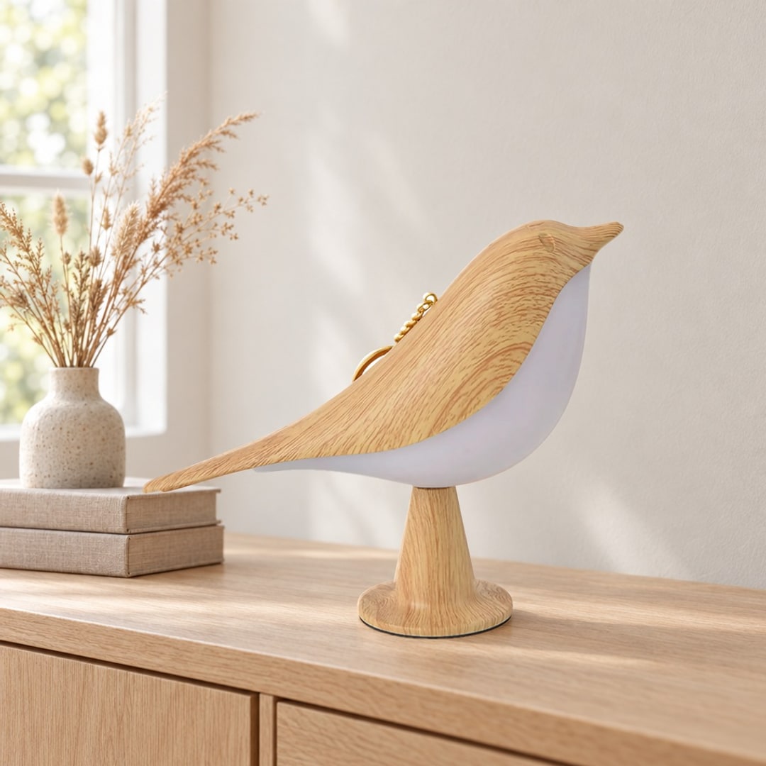 Fuglelampen i lys trefinish på en kommode i stua, ved en vase med tørkede strå
