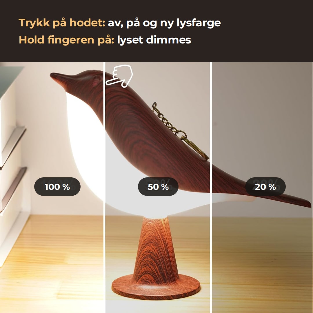 Trykk på hodet for av, på og ny lysfarge, hold fingeren på for å dimme: 100 %, 50 % og 20 %