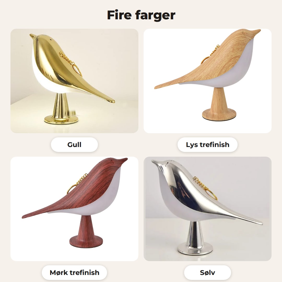 Fire farger: gull, lys trefinish, mørk trefinish og sølv