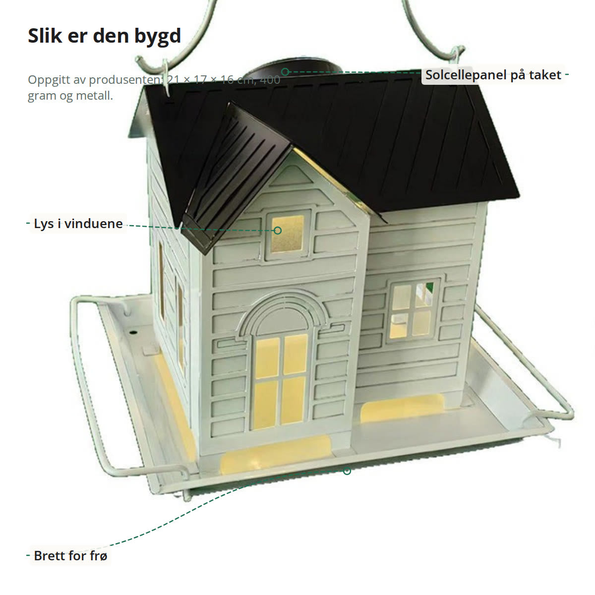 Fuglemateren med solcellepanel på taket, lys i vinduene og brett for frø markert