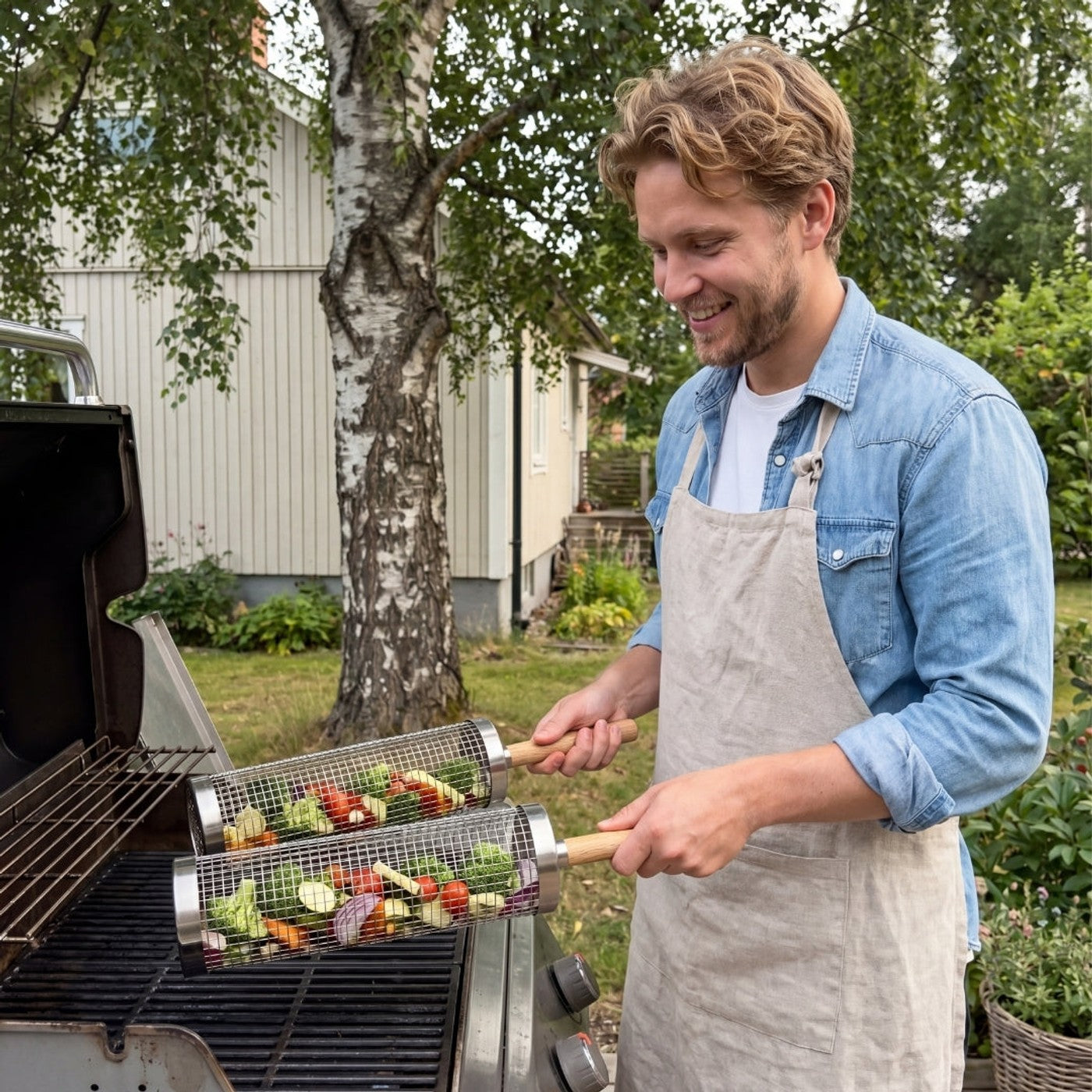 Grillkurven i bruk paa gassgrill