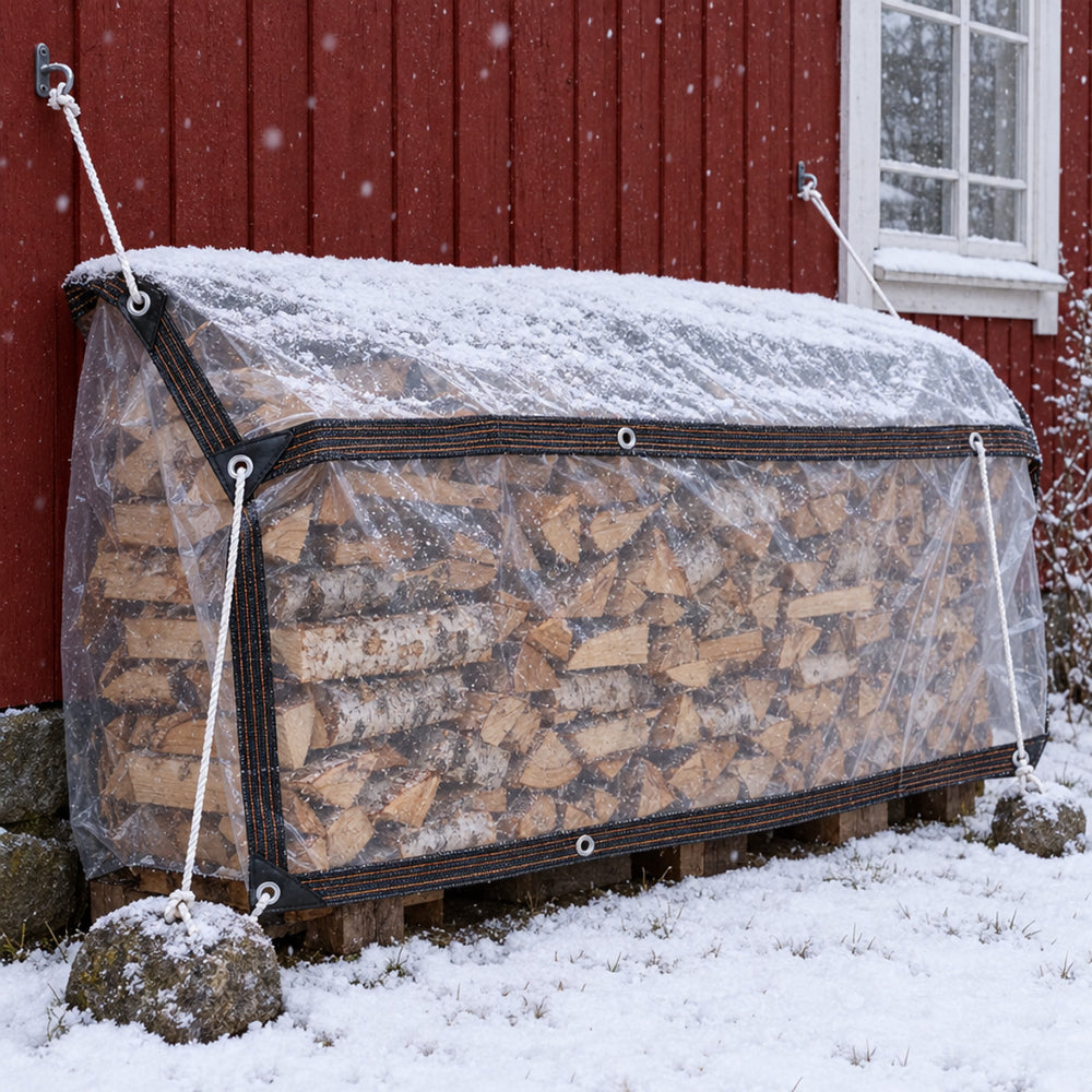 Vedstabel inntil en rød husvegg, dekket av en gjennomsiktig Klarly-presenning med snø på toppen