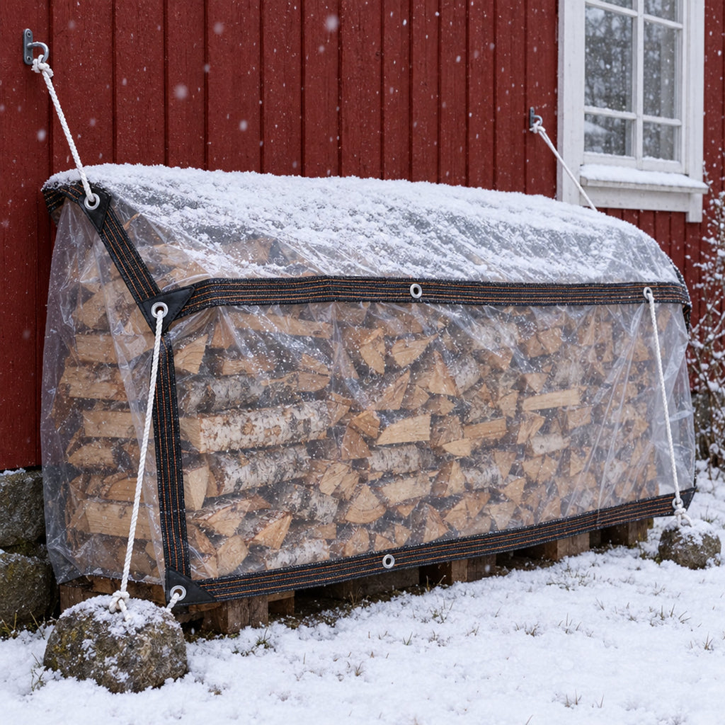 Vedstabel inntil en rød husvegg, dekket av en gjennomsiktig Klarly-presenning festet med tau, med snø på toppen