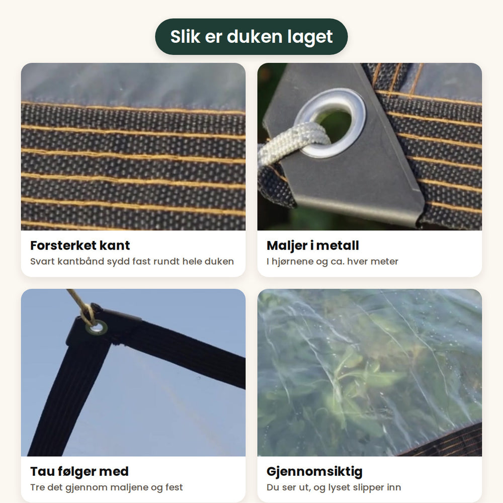Detaljer på Klarly: forsterket svart kantbånd, maljer i metall i hjørnene, tau gjennom maljen og gjennomsiktig plastduk