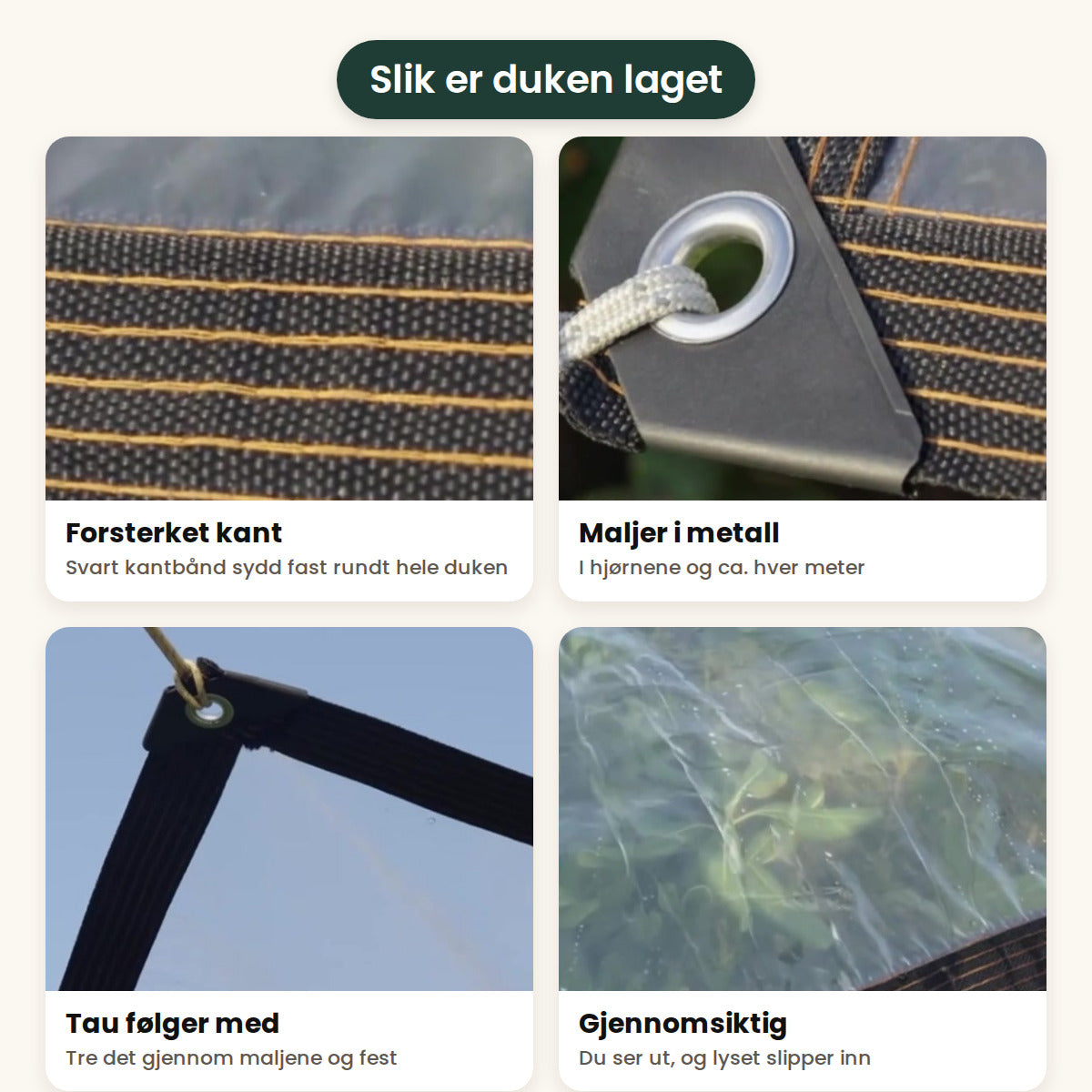 Slik er Klarly laget: forsterket kant, maljer i metall, tau som følger med og gjennomsiktig plastduk