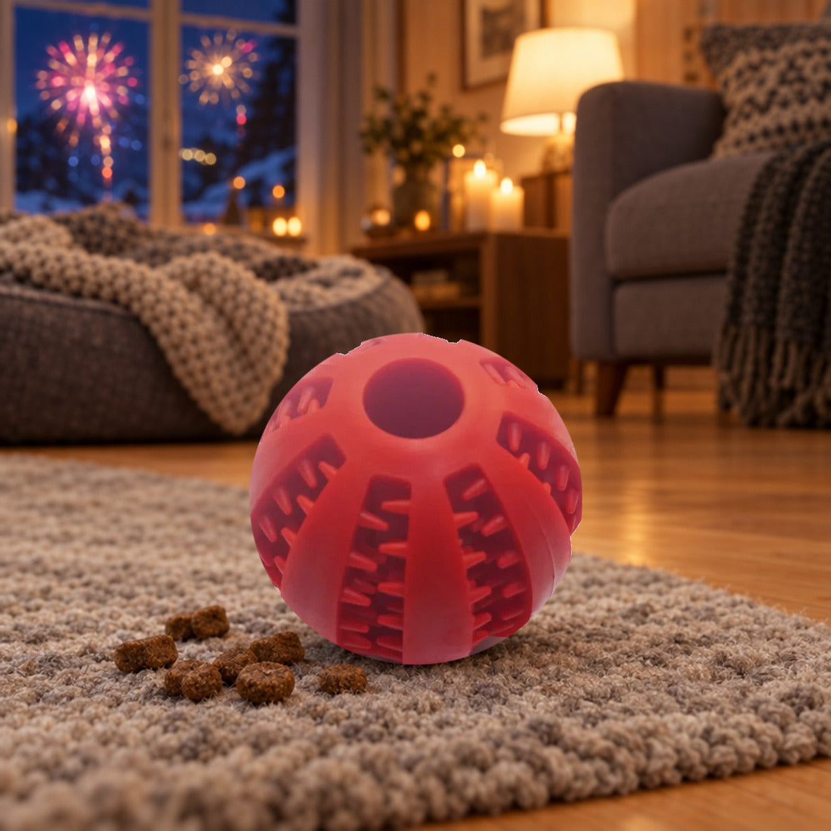 Rød godbitball i gummi på et ullteppe i stua på nyttårsaften, med litt tørrfôr ved siden av