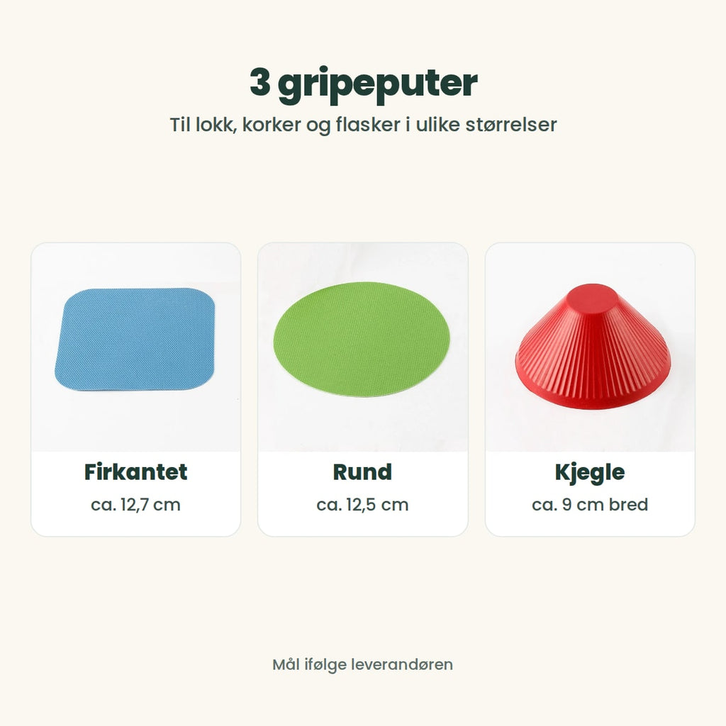 De tre gripeputene: firkantet ca. 12,7 cm, rund ca. 12,5 cm og kjegle ca. 9 cm bred