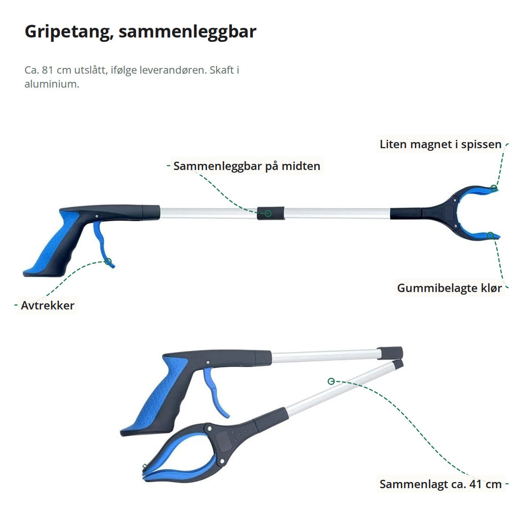 Gripetangen utslått og sammenlagt, merket med avtrekker, ledd på midten, liten magnet i spissen, gummibelagte klør og ca. 41 cm sammenlagt
