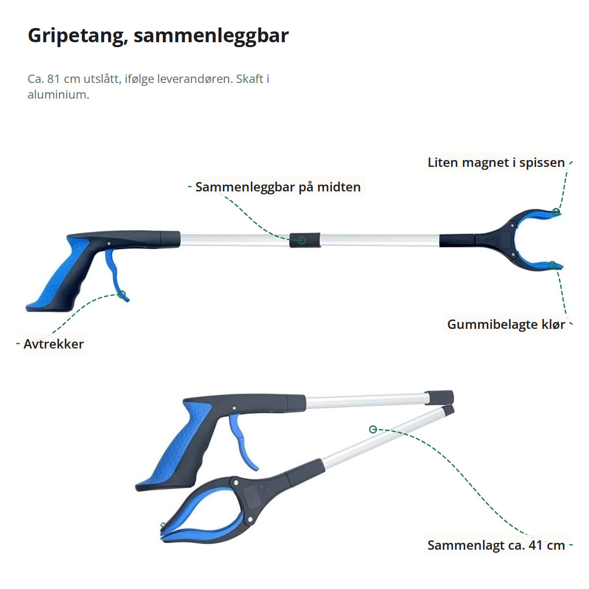 Gripetangen utslått og sammenlagt, merket med avtrekker, ledd på midten, liten magnet i spissen, gummibelagte klør og ca. 41 cm sammenlagt