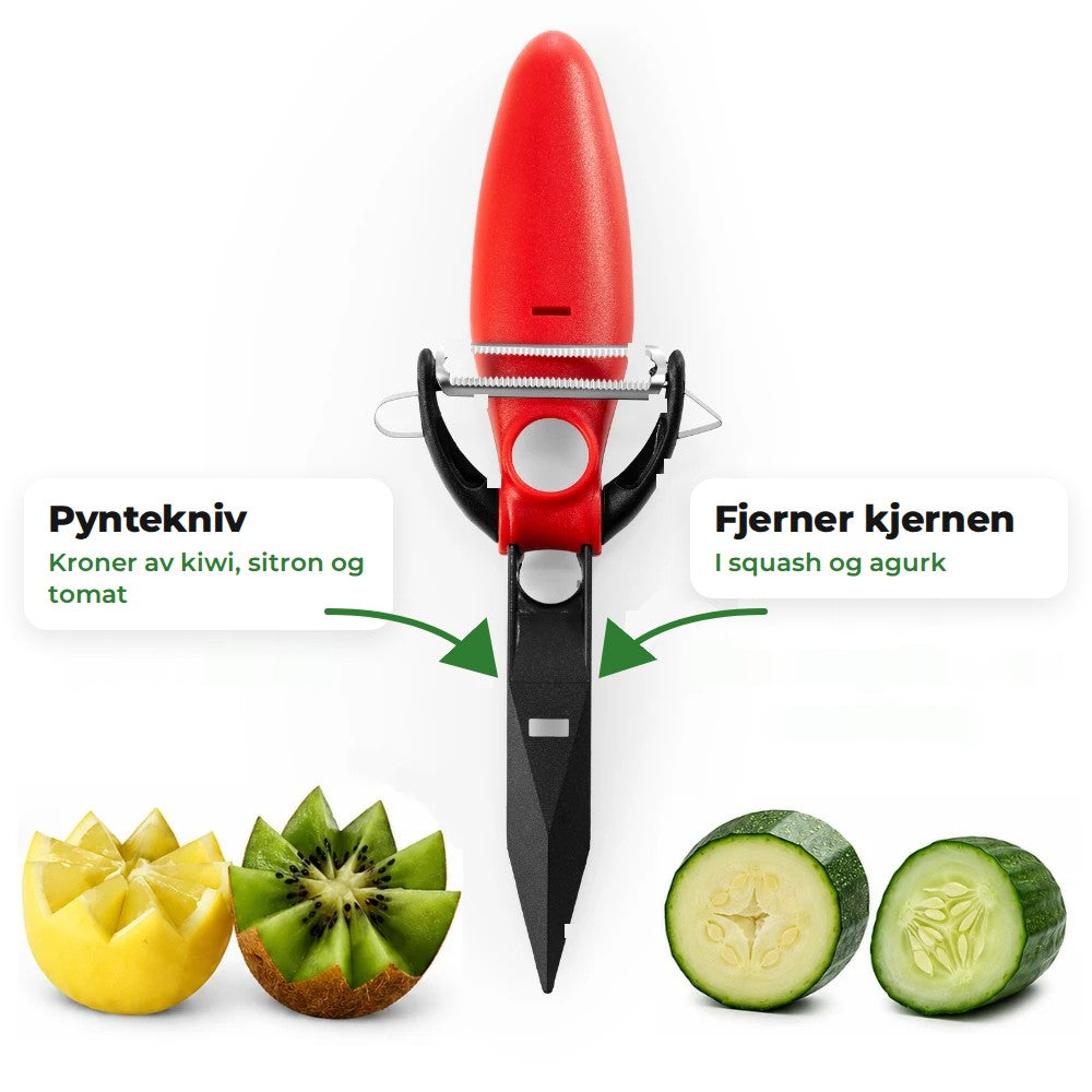 Pyntekniven vippet ut, ved siden av kiwi- og sitronkroner og agurk uten kjerne