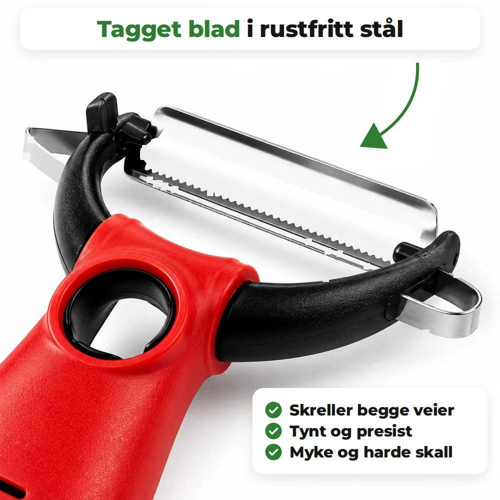 Nærbilde av det taggete bladet i rustfritt stål som skreller begge veier