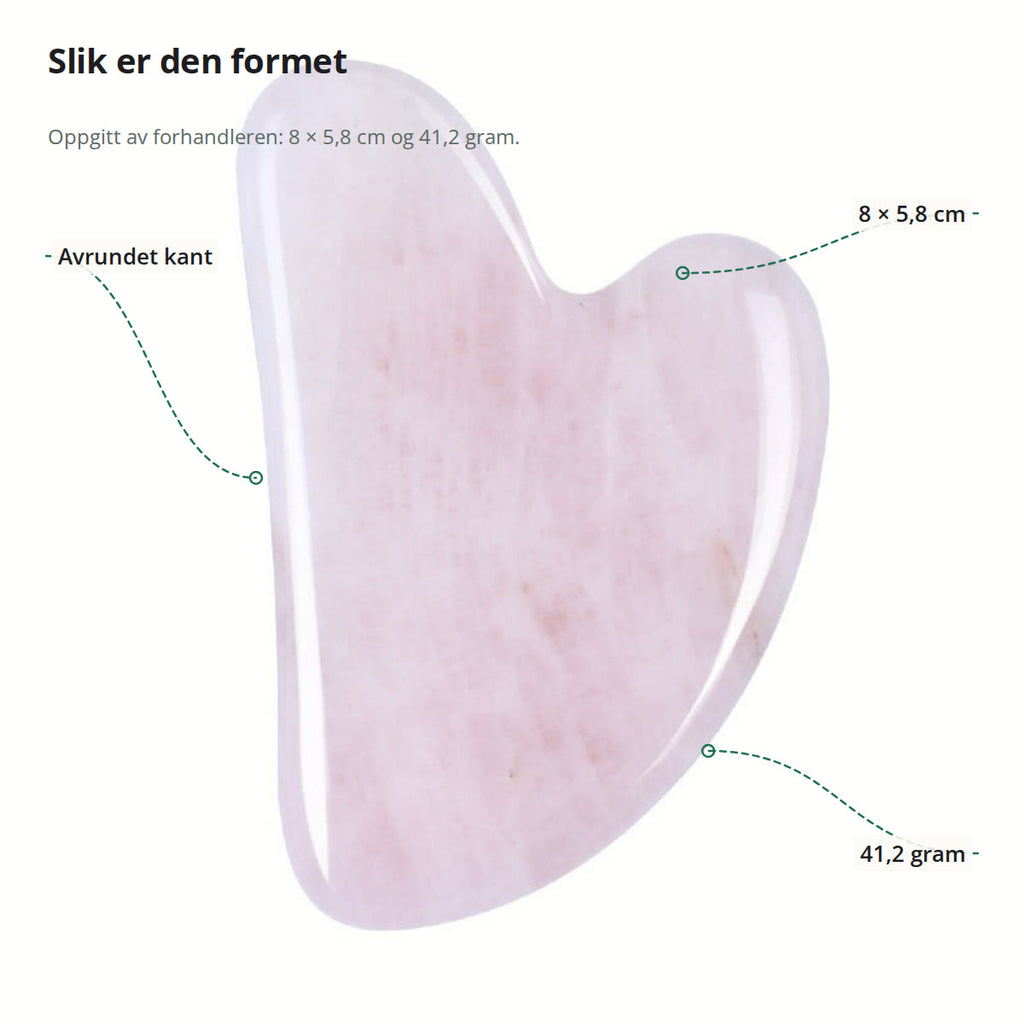 Gua sha-verktøyet med avrundet kant, mål 8 × 5,8 cm og vekt 41,2 gram markert