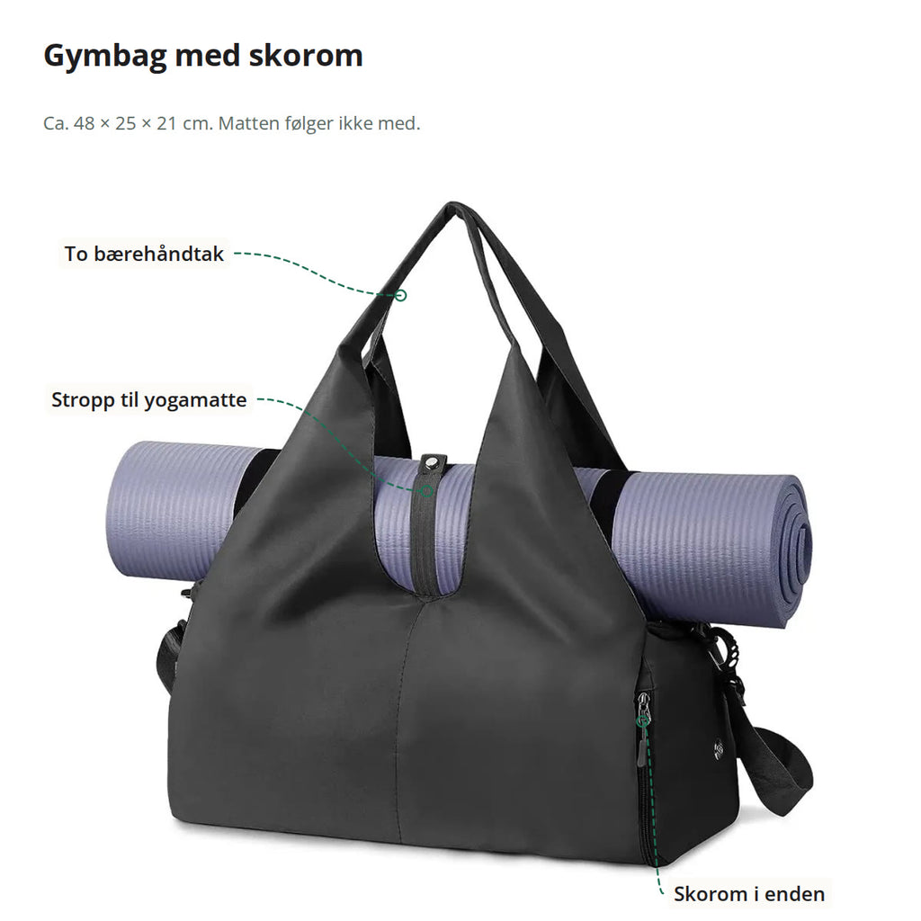 Den svarte gymbagen med en yogamatte på toppen, med håndtak, mattestropp og skorom merket