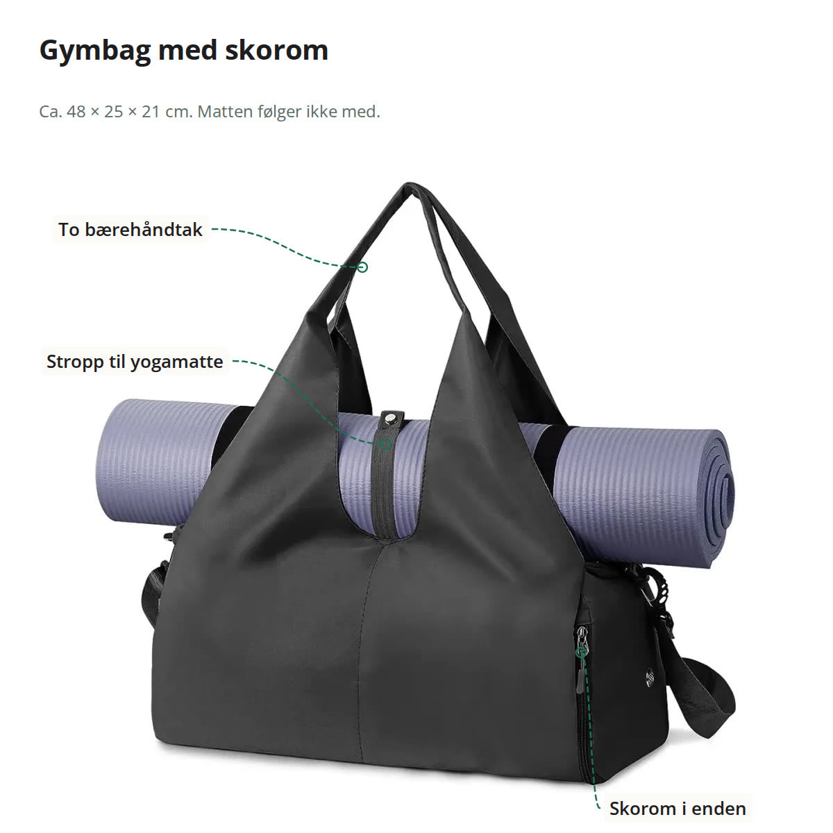 Den svarte gymbagen med en yogamatte på toppen, med håndtak, mattestropp og skorom merket