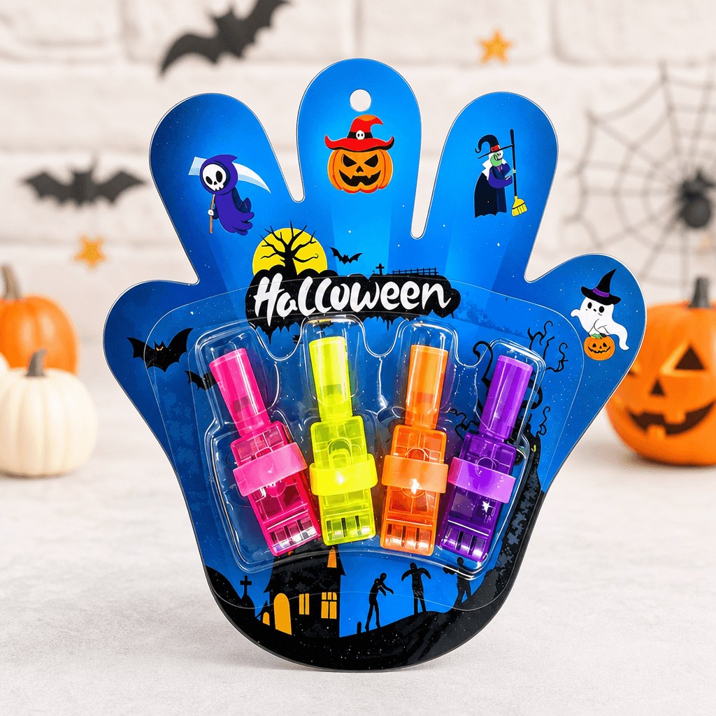 Skumra fingerlys: Halloween-kort med fire fingerlys i rosa, gult, oransje og lilla
