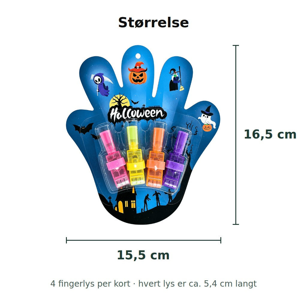 Kortet er ca. 16,5 cm høyt og 15,5 cm bredt, med fire fingerlys