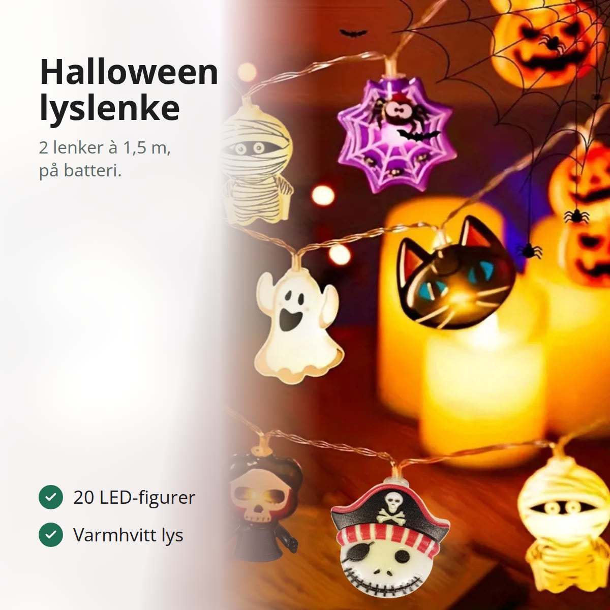 Halloween lyslenke med tente figurer: spøkelse, edderkoppnett, svart katt, mumie og hodeskalle