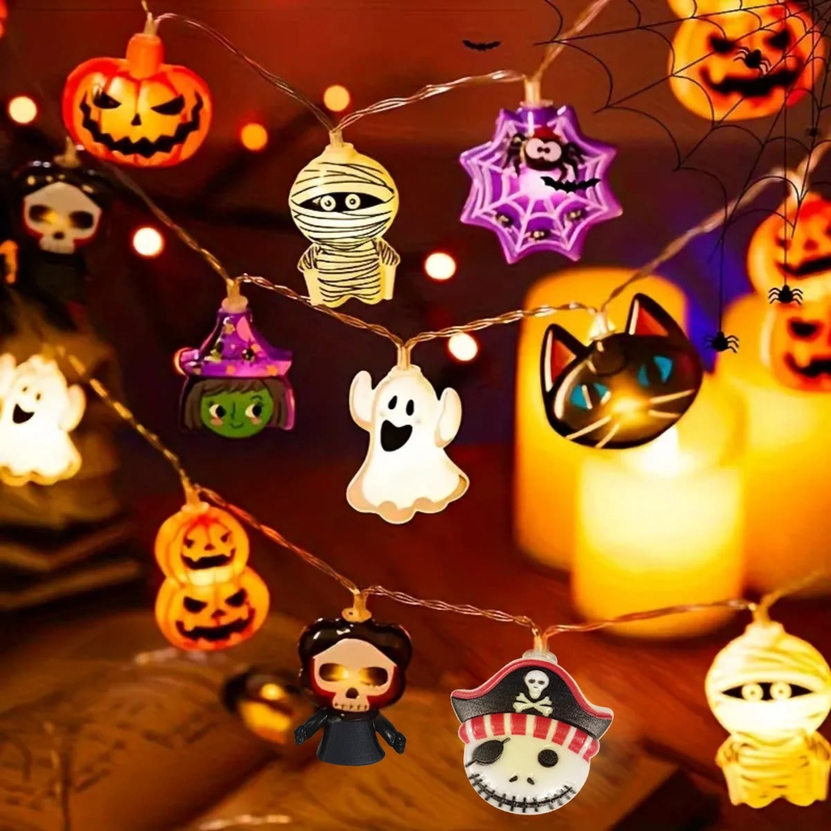 Tente Halloween-figurer på lyslenke: gresskar, mumie, heks, spøkelse, svart katt og hodeskalle med sjørøverhatt