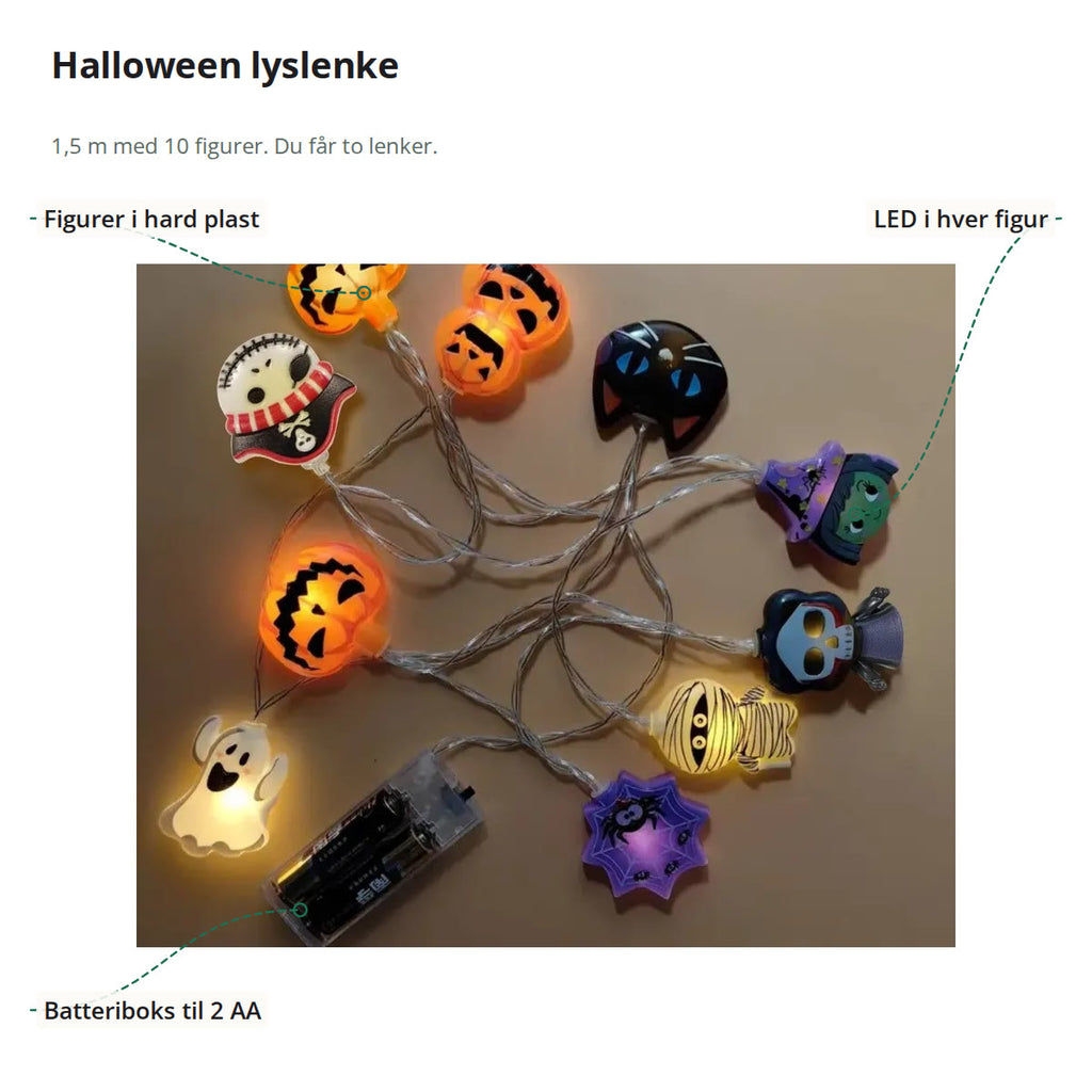 Halloween lyslenke lagt flatt, merket med figurer i hard plast, LED i hver figur og batteriboks til 2 AA