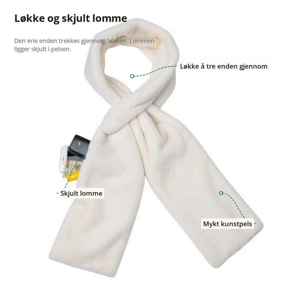 Halsvarmeren merket: løkke å tre enden gjennom, skjult lomme og mykt kunstpels