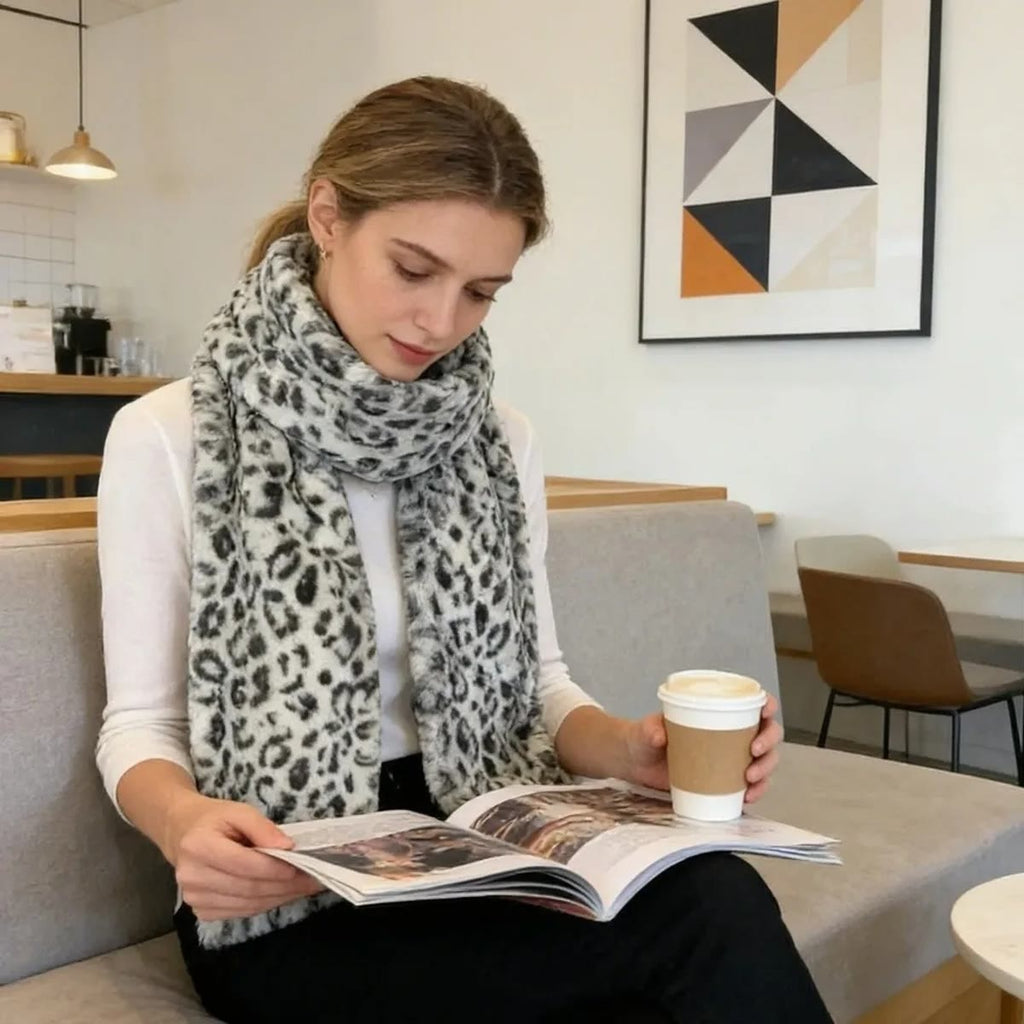 Person sitter med halsvarmer i leopardmønster og leser på en kafé
