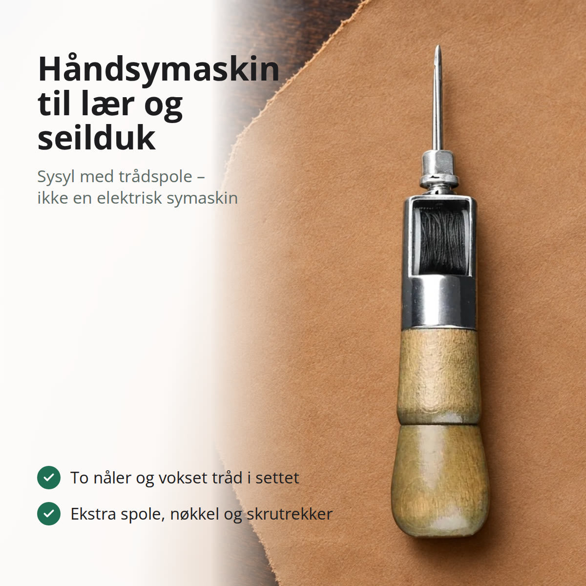 Håndsymaskin med mørkt treskaft og svart tråd på spolen, liggende på et stykke lysebrunt lær