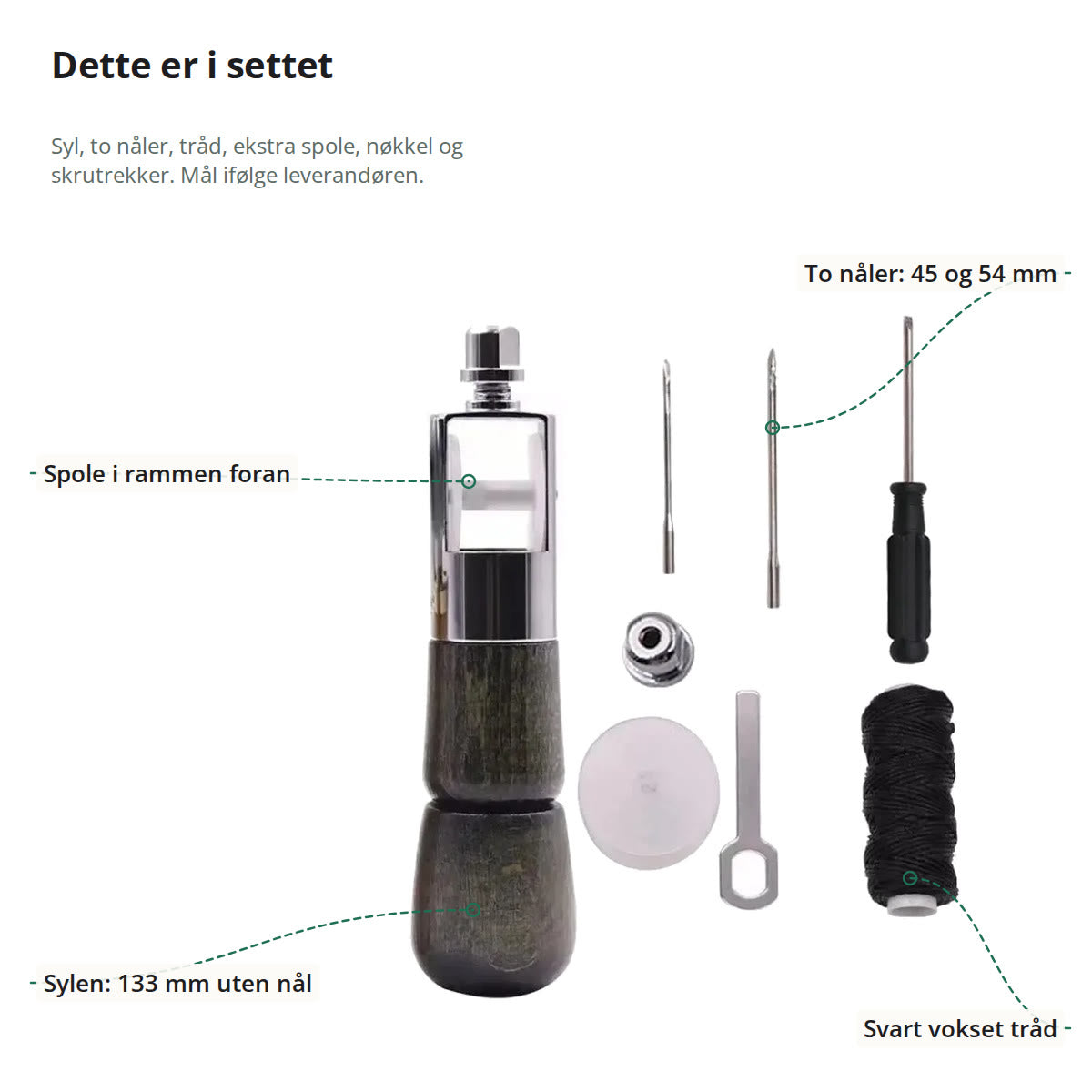 Håndsymaskinen og settet merket med to nåler på 45 og 54 mm, spolen i rammen foran, svart vokset tråd og lengden 133 mm uten nål