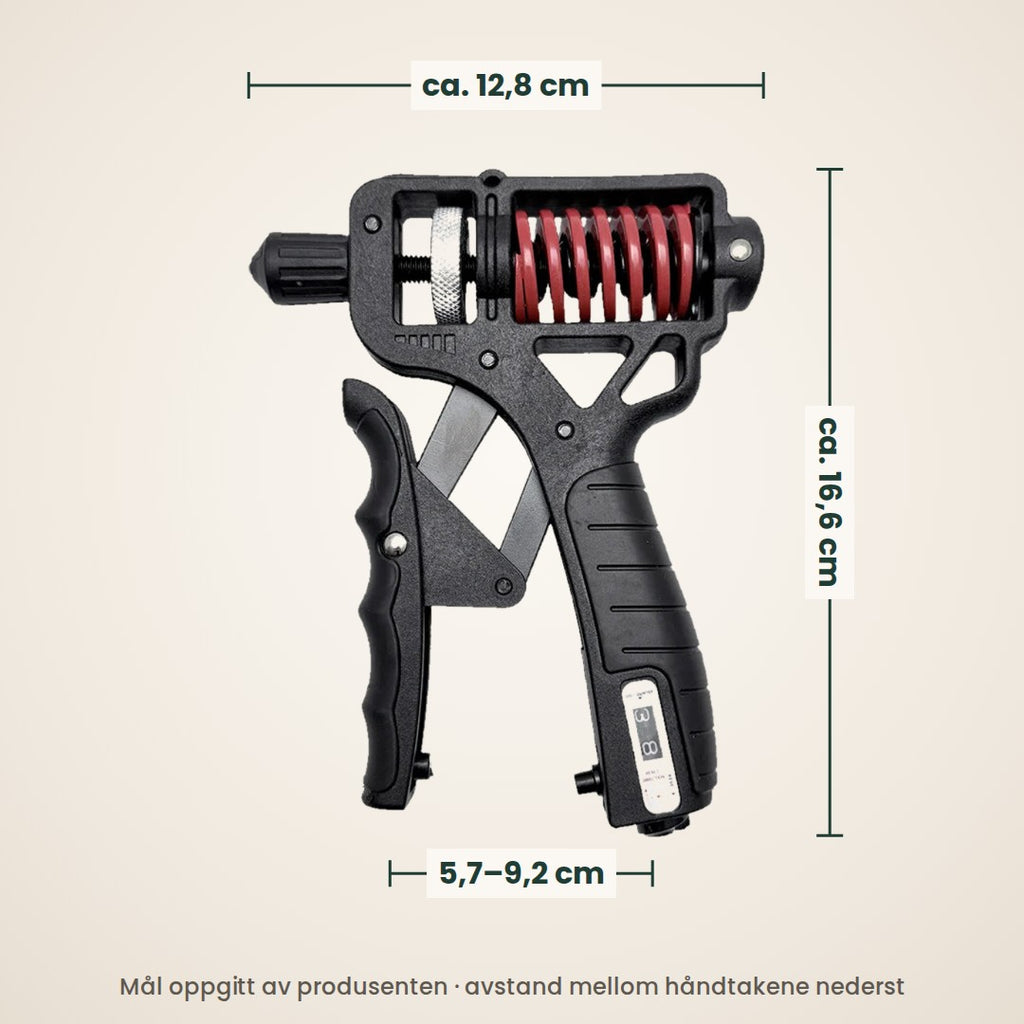 Mål: ca. 12,8 cm bred, ca. 16,6 cm høy og 5,7–9,2 cm mellom håndtakene, ifølge produsenten