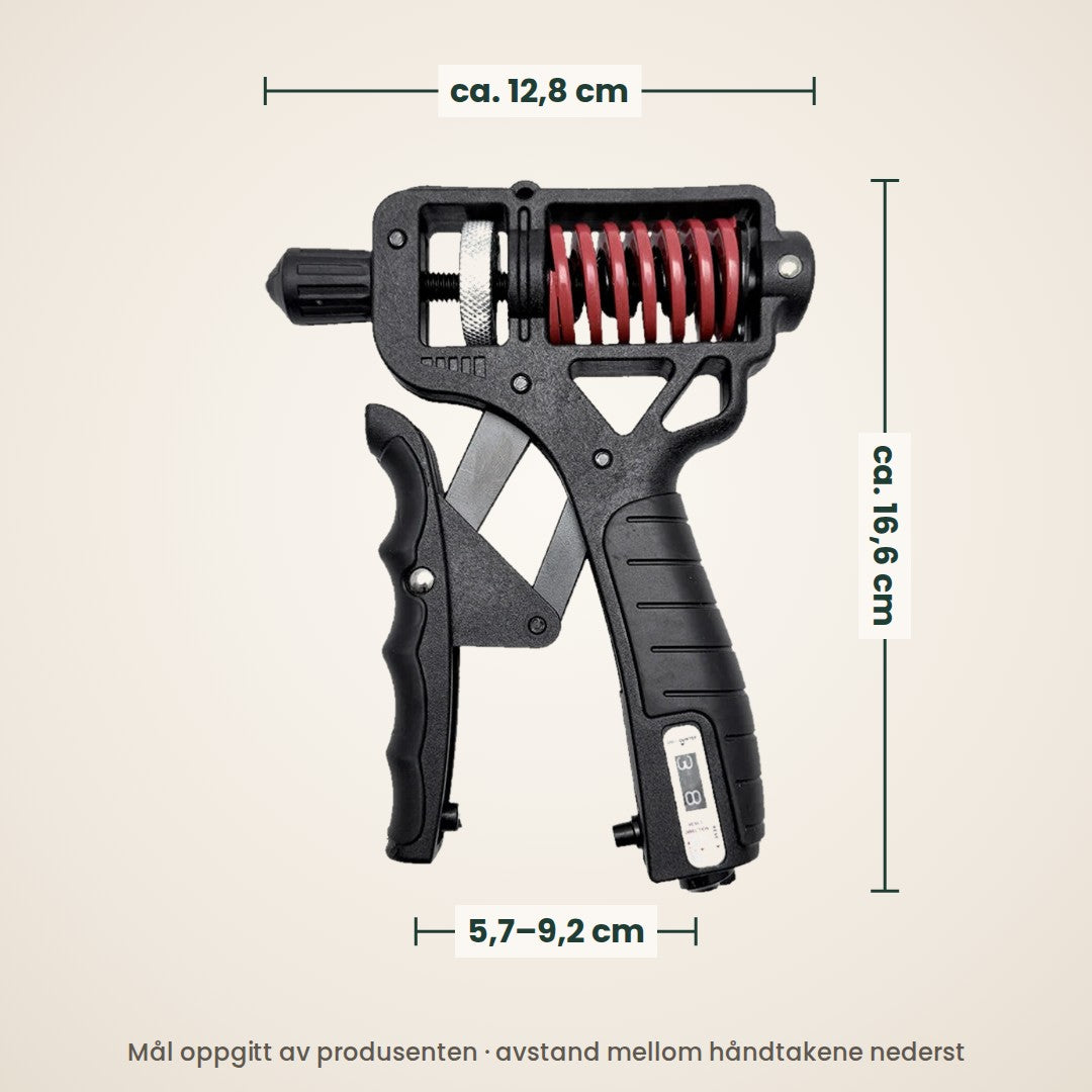 Mål: ca. 12,8 cm bred, ca. 16,6 cm høy og 5,7–9,2 cm mellom håndtakene, ifølge produsenten
