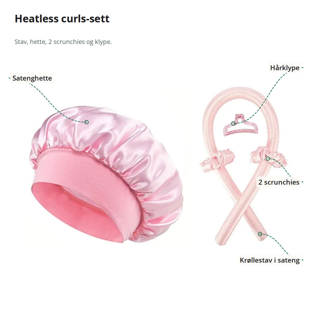 Heatless curls-sett merket med satenghette, hårklype, to scrunchies og krøllestav i sateng