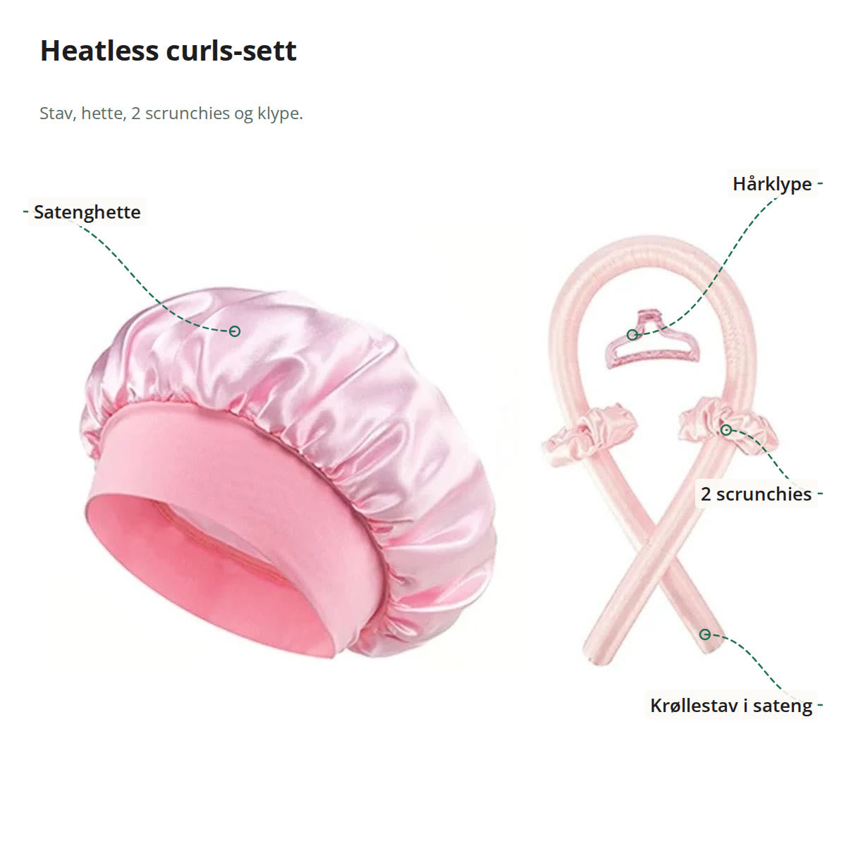 Heatless curls-sett merket med satenghette, hårklype, to scrunchies og krøllestav i sateng
